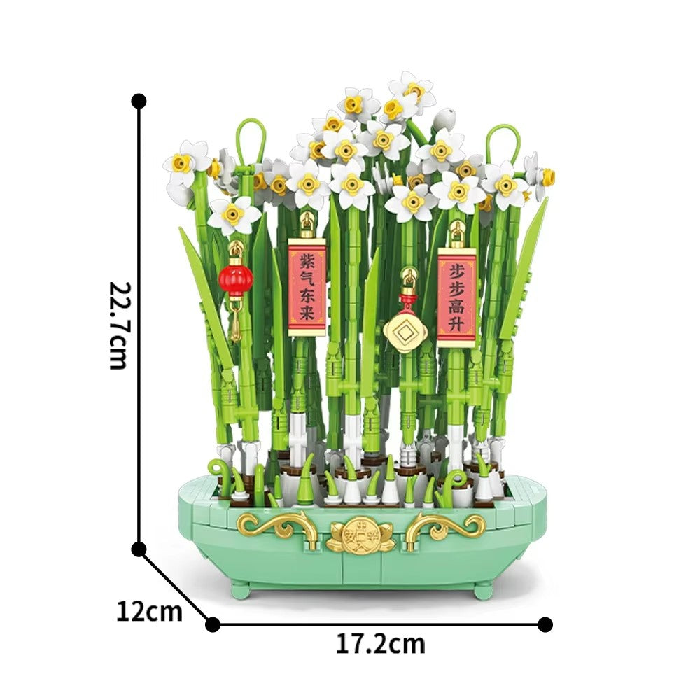 City Creativity Flower Bouquet Peach Blossom Narcissus Bonsai Potted Plant Building Blocks Model New year Home Decoration 2025