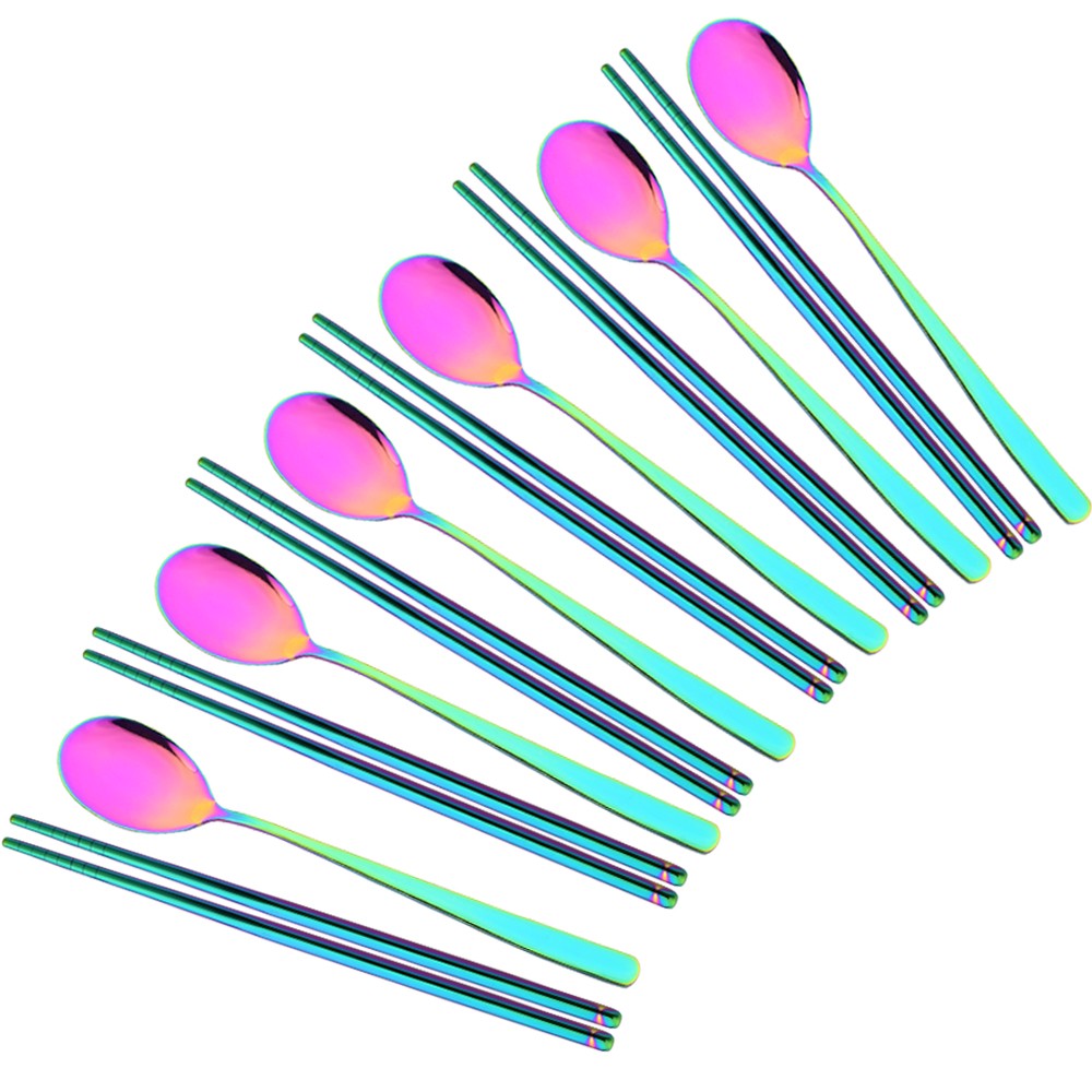 Drmfiy Western 6Set Black Dinnerware 304 Stainless Steel Tableware Long Handle Spoons Chopsticks Metal Korean Silverware Set