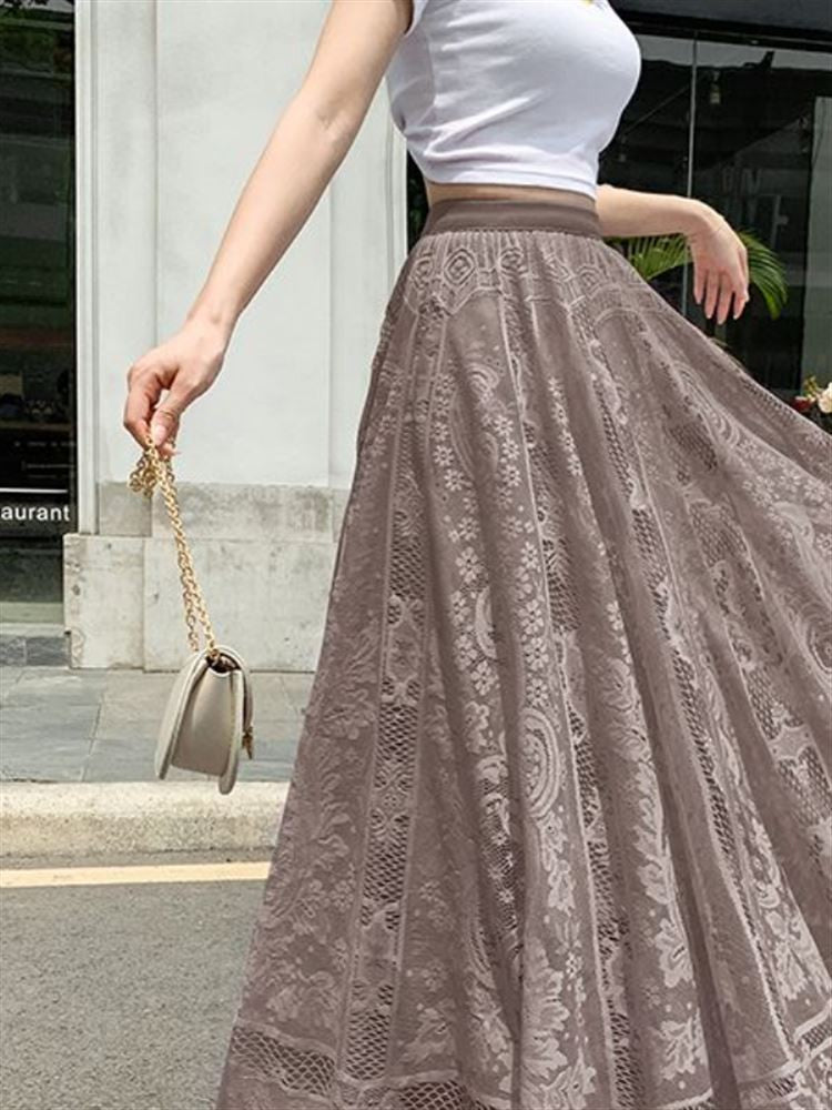 Plus Size plus Size Lace Hollow out f Skirt mid Waist Long Sle Fairy Skirt A-Line Umbrella Skirt Trendy Women's Clothing