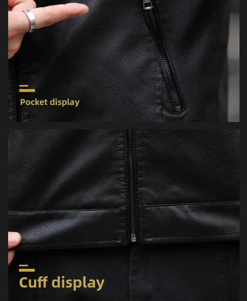 Men's Fleece Lined Biker Jacket Stand Collar Casual Versatile Spring Autumn Leather Coat for Students Fashionable Outerwear