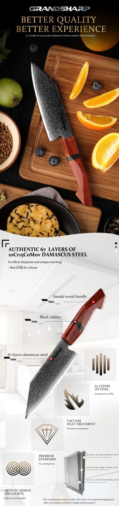 Faca Bunka Grandsharp 5.5'' Damasco 67 Camadas Aço 10Cr15C0Mov Para Cortar Vegetais Frutas Facas de Cozinha com Cabo de Sândalo