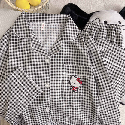 Hello Kitty Embroidered Women's Pajamas Set Fall Spring Plaid Print Loungewear Long Sleeve Cardigan Top and Pants Home Sleepwear