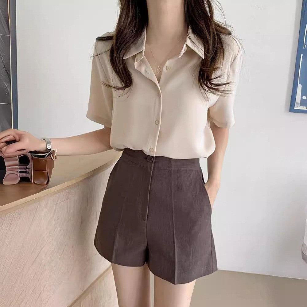 New French High-end Chiffon Simple Dressing Short-sleeved Shirt Top for Women