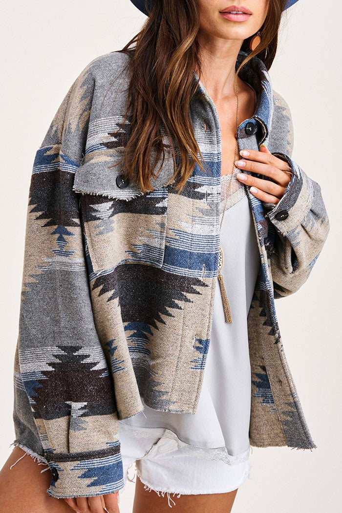 Vintage Jacket Women Splicing Loose Jacket Denim Print Aztec Retro Ethnic Style Long Sleeved Shirt Streetwear Female Goth Coat