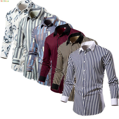 Men's White Vertical Stripe Long Sleeve Shirts, Single Breasted Lapel Shirt, Blue Gray Red Khaki Available, European Size S-XXL