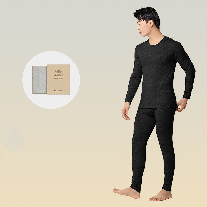 6760 Autumn Winter Keep Warm Slim Underwear Tops Pants For Men Good Quality Mulberry Silk Fleece Thicken Simple Male Sets Gift