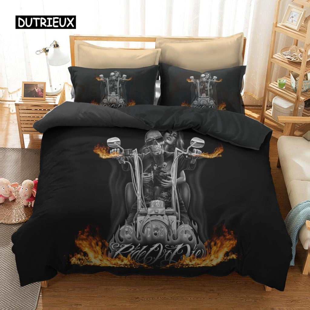 Black Duvet Cover Human Skeleton Bedding Set Horror Skull Motorcycle and Beauty Duvet Cover Single Double Queen King Size Decor