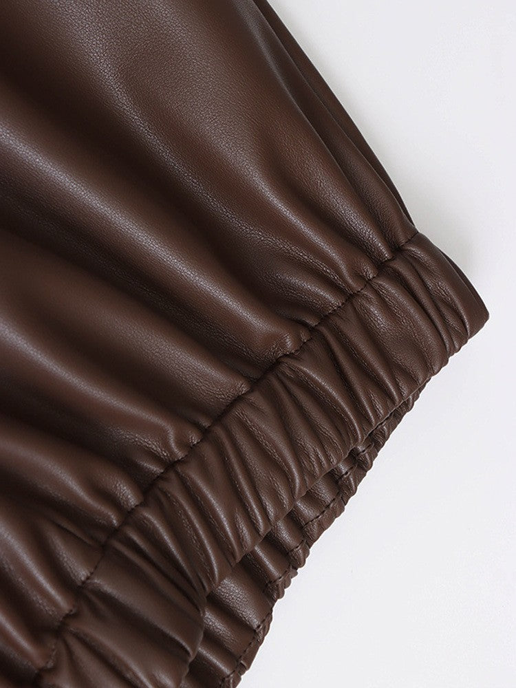 High Elastic Waist Coffee Pu Leather Long Wide Leg Pants New Trousers Women Fashion Tide Spring Autumn