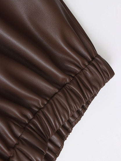 High Elastic Waist Coffee Pu Leather Long Wide Leg Pants New Trousers Women Fashion Tide Spring Autumn