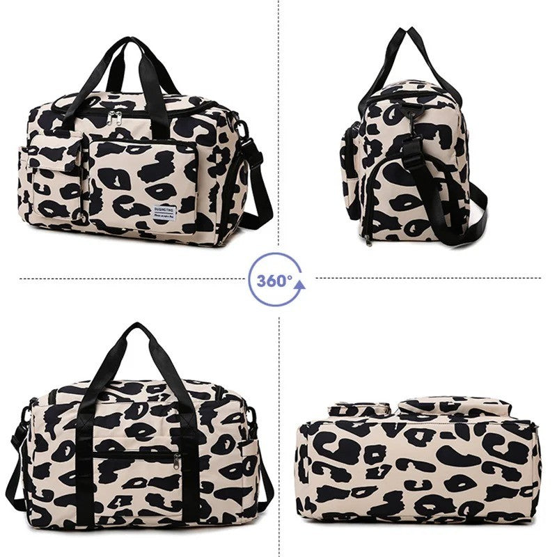 Travel Bag Women's Handbag Leopard Zebra Camouflage Waterproof Large Pull Rod Boarding Fitness Dry Wet Separation Luggage Bag