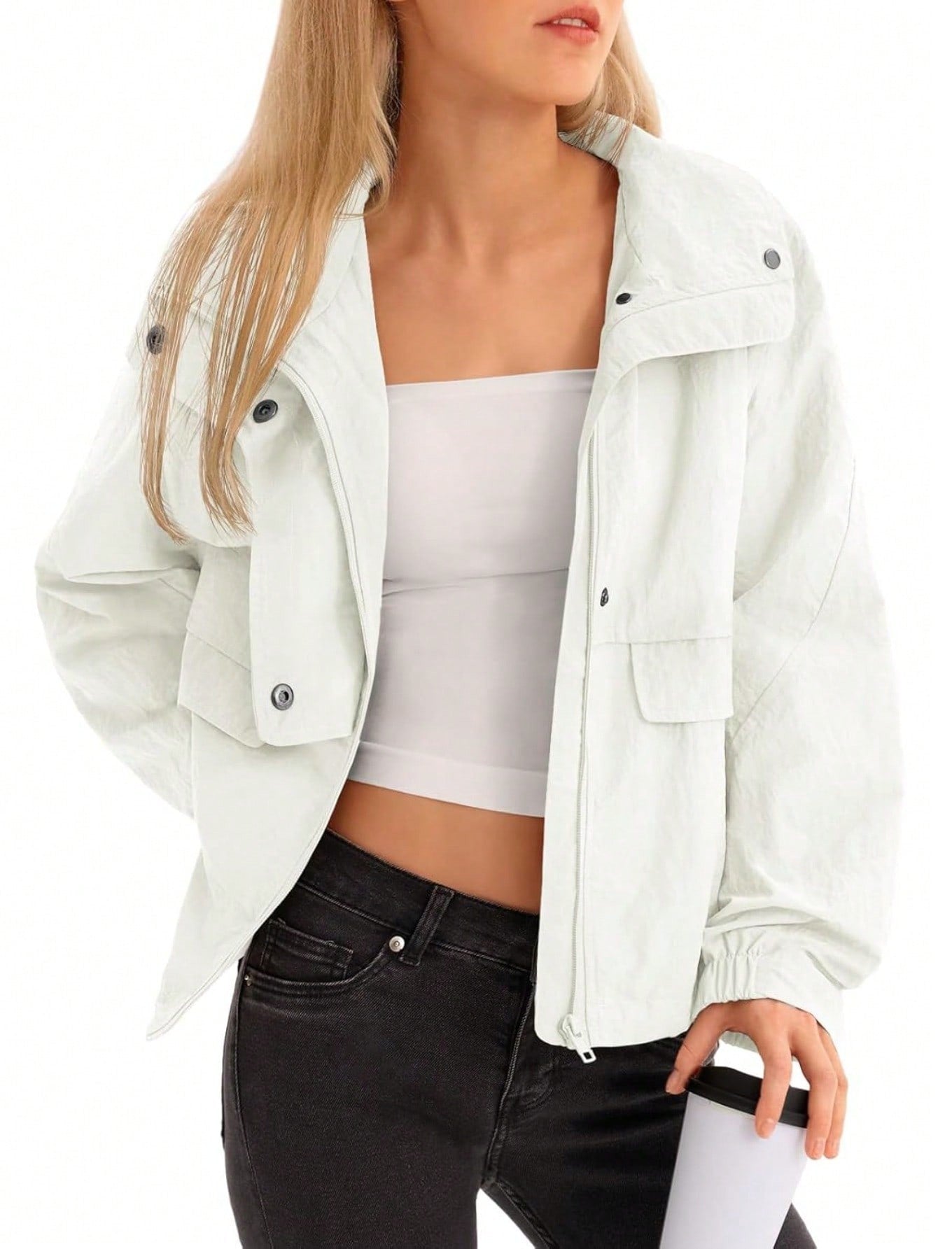 Fisoew Womens Cropped Jacket Zip Up Lightweight Hooded Trench Coat Active Outdoor Windbreaker Raincoat with Pockets