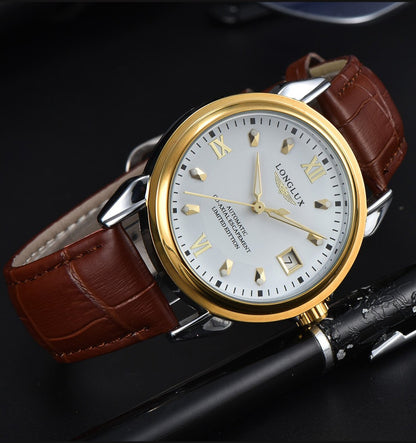 LONGLUX automatic man watch business leisure dating mechanical wristwatches day date waterproof leather  mens watch men gift