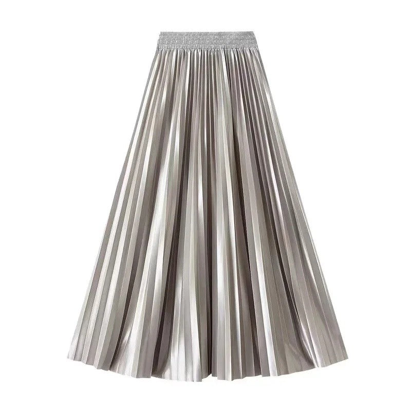 High Waist Satin Pleated Skirt 1 Meter Long Floor Length Pearl Glitter A- Line Umbrella Half Body Skirts Polyester Fiber