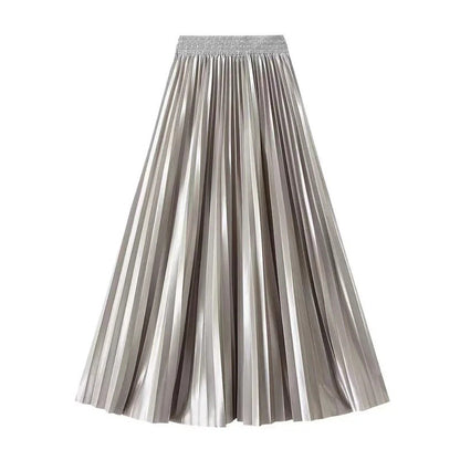 High Waist Satin Pleated Skirt 1 Meter Long Floor Length Pearl Glitter A- Line Umbrella Half Body Skirts Polyester Fiber