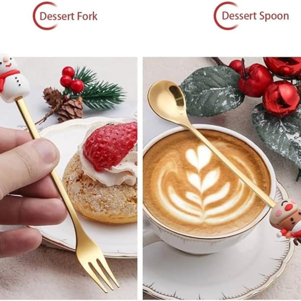 Conjunto 6 Peças de Garfos e Colheres Papai Noel Árvore de Natal Aço Inoxidável Colher de Café Sobremesa Utensílios de Mesa para Festa de Natal Presente Requintado