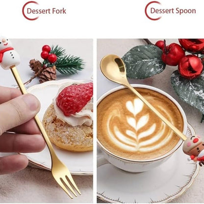 Conjunto 6 Peças de Garfos e Colheres Papai Noel Árvore de Natal Aço Inoxidável Colher de Café Sobremesa Utensílios de Mesa para Festa de Natal Presente Requintado