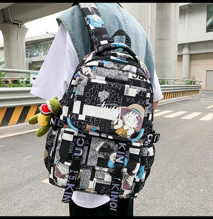 Anime Male and Female High-capacity One Piece Luffy Graffiti Printed Backpack for Middle High Students School Bag