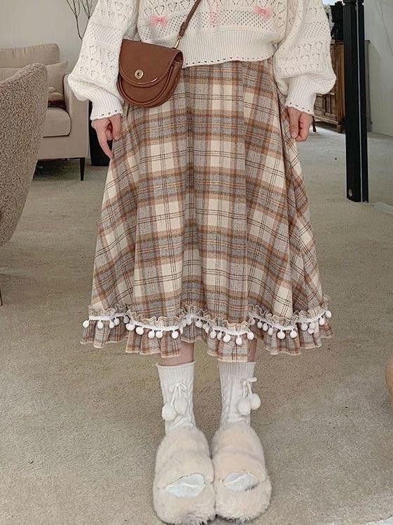 Adorable Plaid  Skirt with Faux Fur Balls in Brown Woolen Material Slimming Mid-Length for Young Girls Autumn Winter Sle