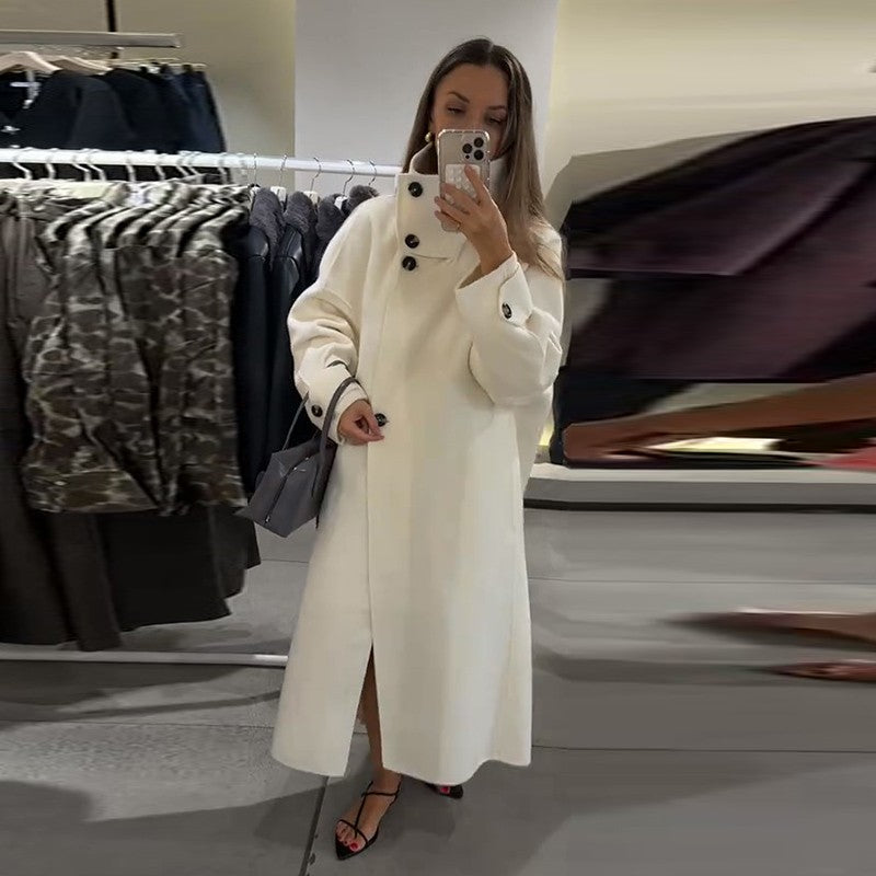 Elegant Women's Overcoat Stand Collar Single Breasted Full Sleeve Solid Female Long Coats 2025 Autumn Fashion Chic Lady Outwear