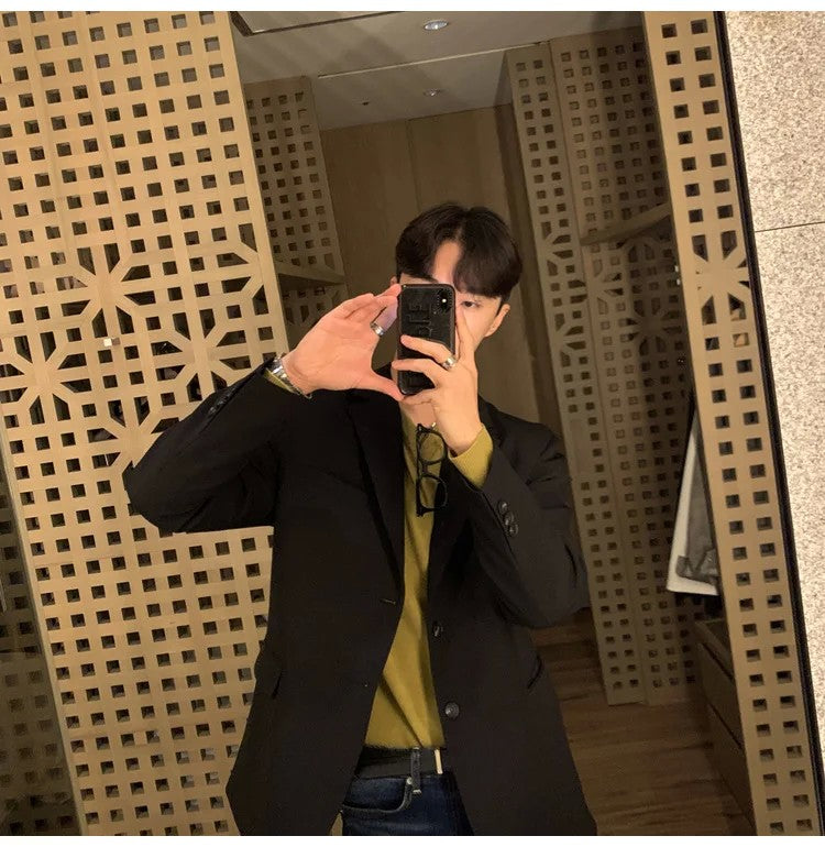 Korean Men's Casual Blazer Western-style Loose-fit Black Single-breasted Jacket Autumn Trendy Dongdaemun Style Clothes
