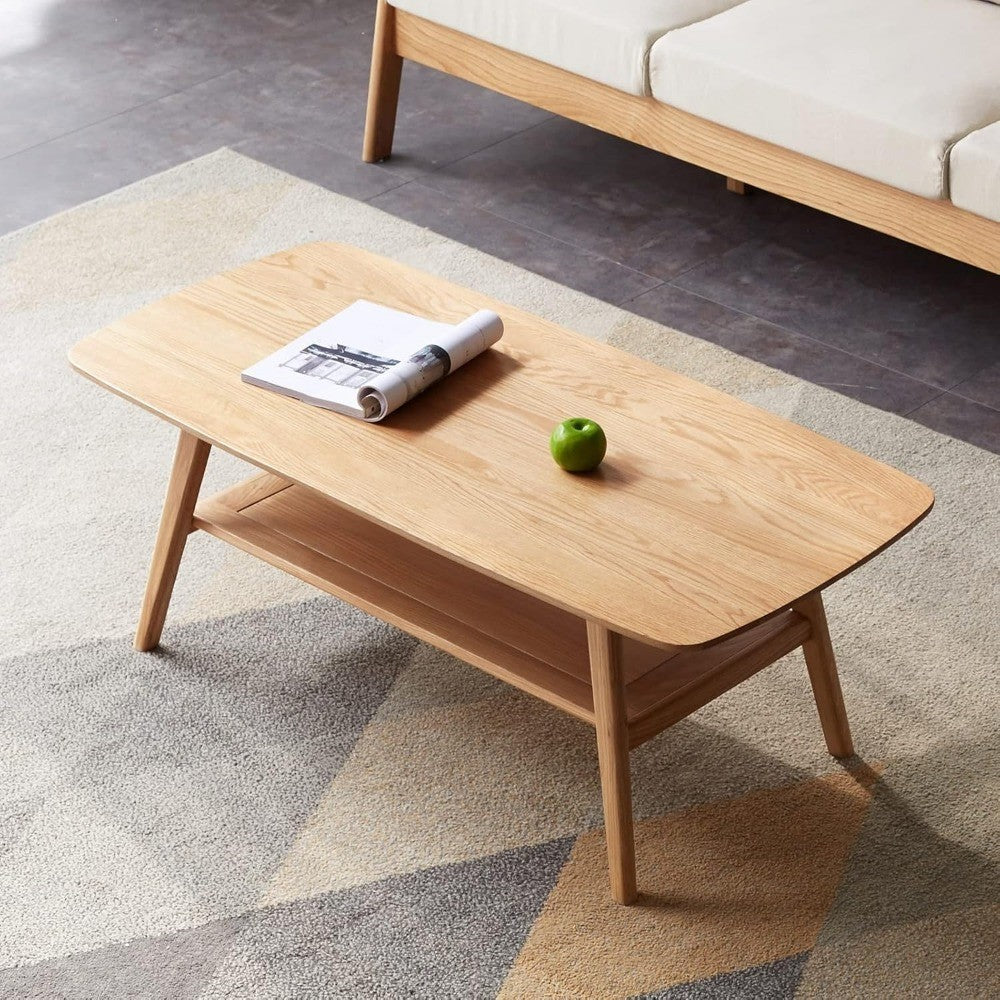 Wood Coffee Table - 2-Tier Oak Coffee Table - Modern Center Coffee Table with Storage Shelf for Living Room, Apartment, and Offi