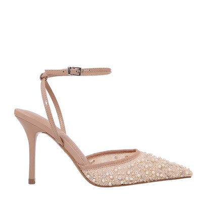 Luxury Bling String Bead Mesh Designer Pumps Women Sexy Pointed Toe Ankle Strap High Heels Elegant Party Wedding Heeled Sandals