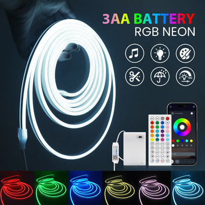 DC5V RGB LED Neon Light AA Battery Powered Bluetooth LED Strip SMD2835 IP65Waterproof Rating 108Leds/m With a remote control