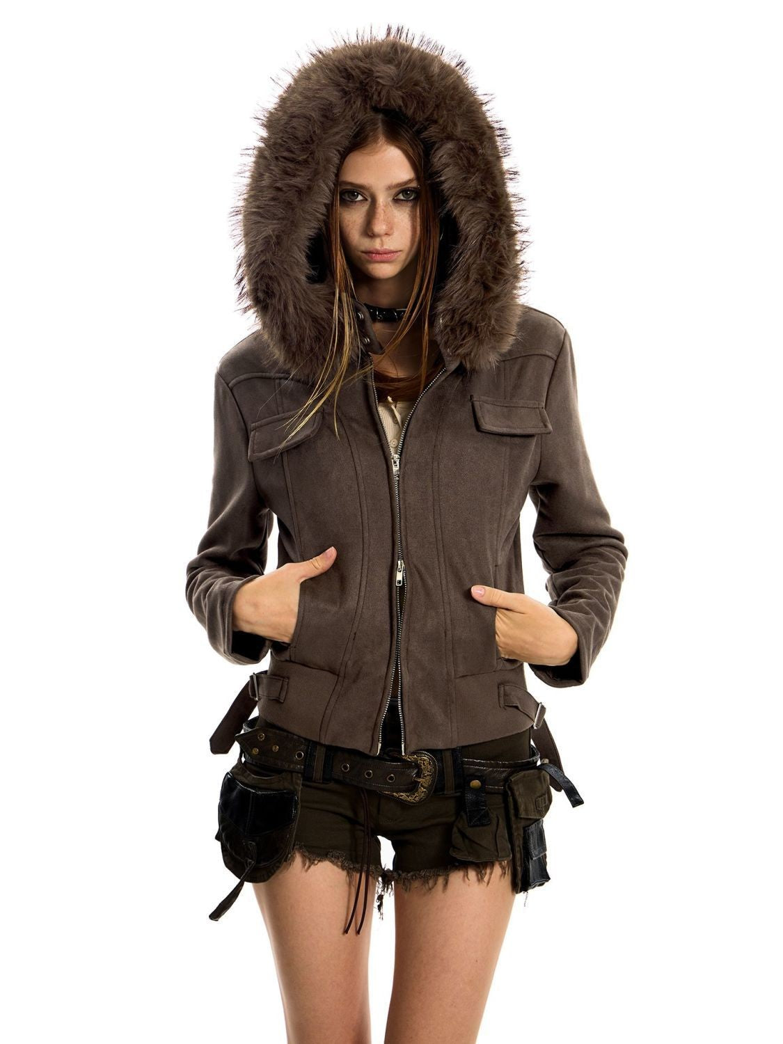 American hot girl big fur collar slim short jacket for women buckskin velvet waist slimming hooded cardigan sweatshirt