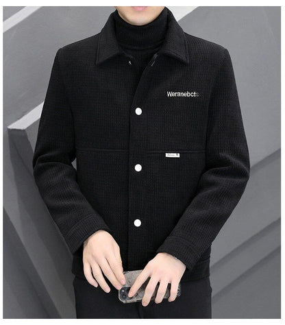 Men's Fleece-Lined Thickened Warm Casual Jacket New Turn-Down Collar Trendy Short Wool Coat Woolen Overcoat