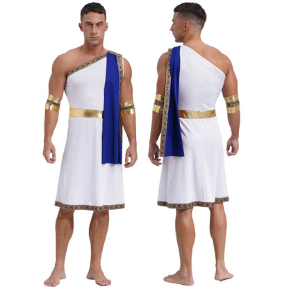 Mens Ancient Greek Toga Roman King Prince Cosplay Costume Halloween One Shoulder Embroidered Robe Dress Theme Party Outfits