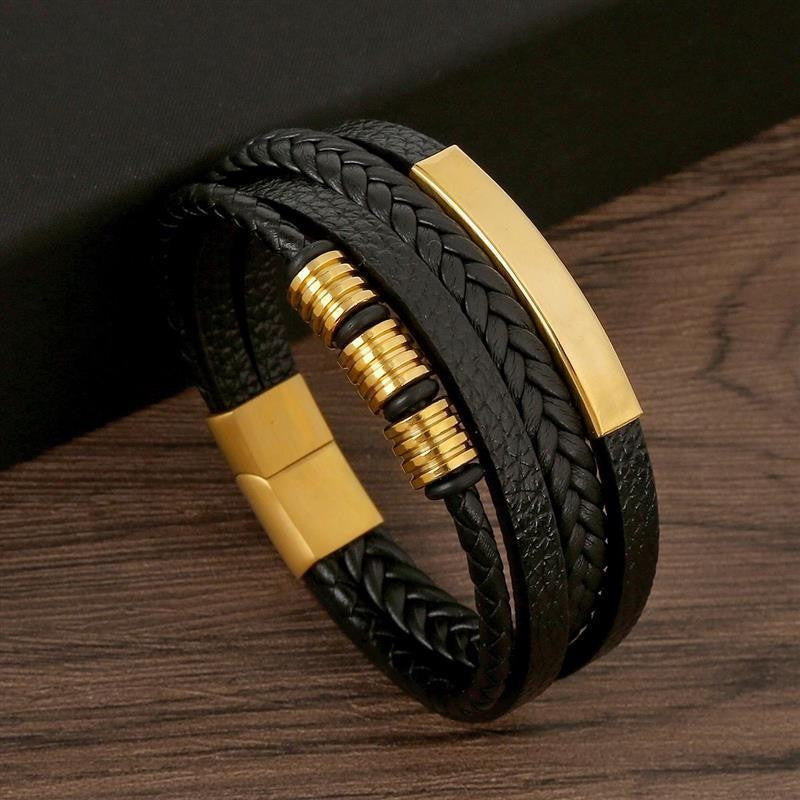 Pulseira de Couro Masculina Punk com Fecho Magnético de Aço Inoxidável Trançado em Camadas Envoltório de Couro Pulseiras Presente Joias Masculinas