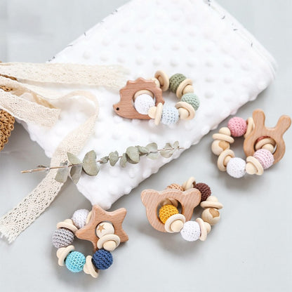 Wooden Rattle Teether Baby Toys Crochet Beads Baby Teether Baby Nursing Bracelet Rattle Chewable Teething Beads For Kids Gifts