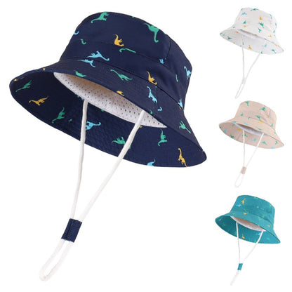 Sun Protection Hat for Kids Toddler Boys Girls Dinosaur Wide Brim Summer outdoor hat Cotton Baby Bucket Hat with Chin Strap