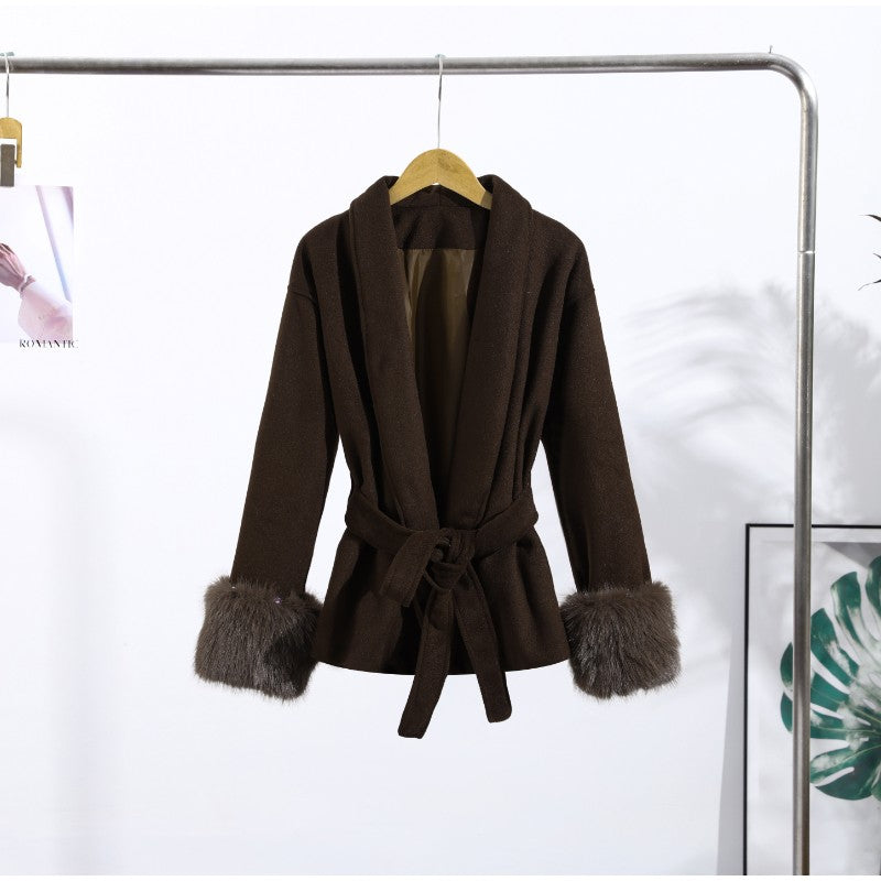 2025 Chic Lapel Plush Coat With Belt Women Vintage Solid Faux Fur Sleeve Tweed Open Coats Female Autumn Casual Street Outwear