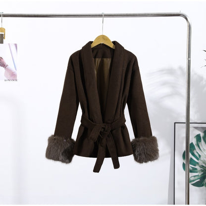 2025 Chic Lapel Plush Coat With Belt Women Vintage Solid Faux Fur Sleeve Tweed Open Coats Female Autumn Casual Street Outwear