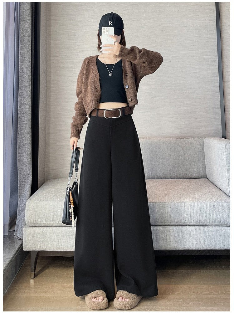Grey Woolen Wide-leg Suit Pants Women 2025fall Winter New High-waisted Draping Straight-leg Casual Floor-length Thick Trouser