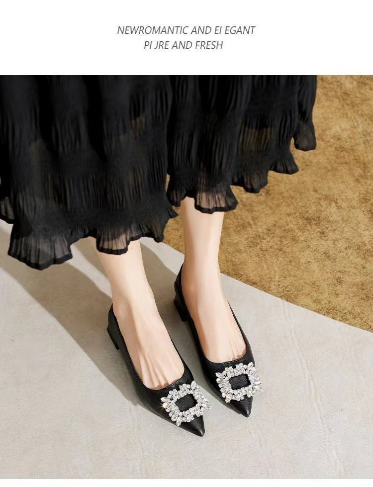 Women's Elegant Black Mid Block Heels Pumps with Crystal Rhinestone Pointed Toe Dress Shoes