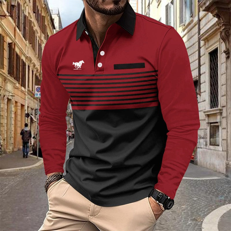 Horse Logo Pattern Print Men Clothes Spring Autumn Long Sleeve Polo Shirt Men Business Casual Turn-down Collar Tops Stripe Polo