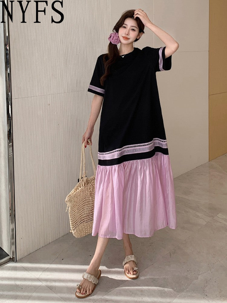 NYFS 2025 Summer Dress Loose plus Size Black Patchwork Pink Hem Long Dresses Robe Elbise Short Sleeve Korean Style Woman Dress