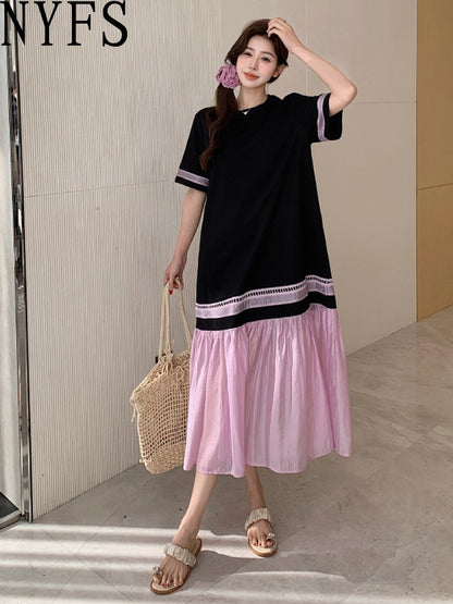 NYFS 2025 Summer Dress Loose plus Size Black Patchwork Pink Hem Long Dresses Robe Elbise Short Sleeve Korean Style Woman Dress