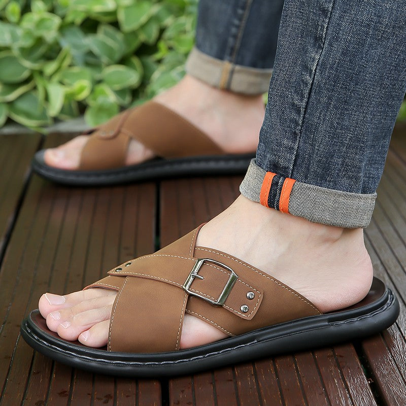 Men Summer Stylish Slippers Open-toe Soft-Soled Shoes Simple Solid Color Half Drag Slip-On Shoes Outdoor Man Comfortable Sandals