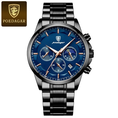 POEDAGAR Top Fashion Men's Watches Waterproof Luminous Stainless Steel Men Wristwatch Chronograph Date Quartz Business Man Watch