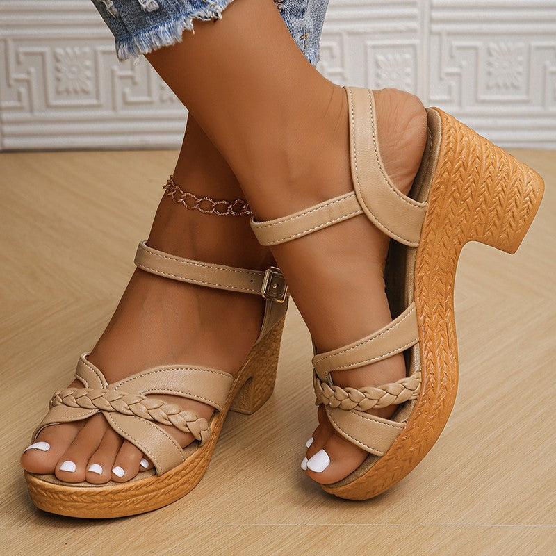 Women's Braided High Heels Sandals 2024 Summer Chunky Platform Gladiator Sandals Woman Ankle Straps Vacation Casual Beach Shoes