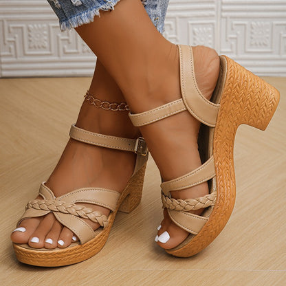 Women's Braided High Heels Sandals 2024 Summer Chunky Platform Gladiator Sandals Woman Ankle Straps Vacation Casual Beach Shoes