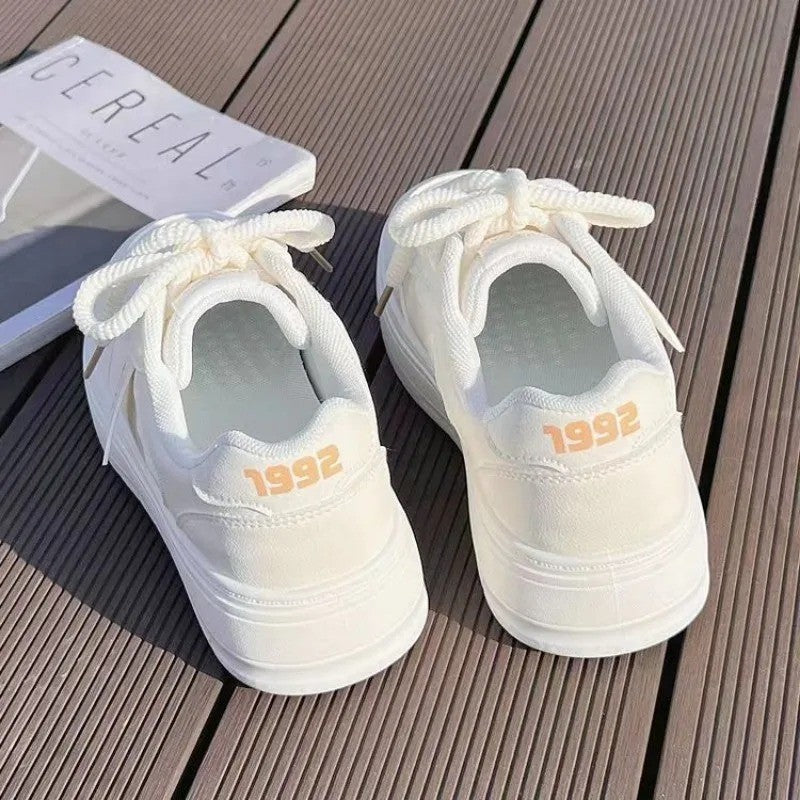 2024 New Women Leather Flat Shoes Autumn Fashion Breathable Vulcanized White Sports Lace Up Thick Soled Casual Shoes for Women