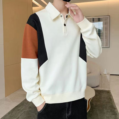 Contrast Patchwork Trend Loose Polo Neck Hoodies Sweatshirts Men's Spring Autumn Long Sleeve Casual Tops Fashion Korean Clothing