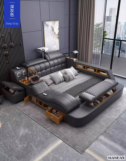 MANBAS Luxury King Size Genuine Leather Bed / Tech Smart Bed / Multifunctional Ultimate Beds / Massage Bed with USB,Projecter