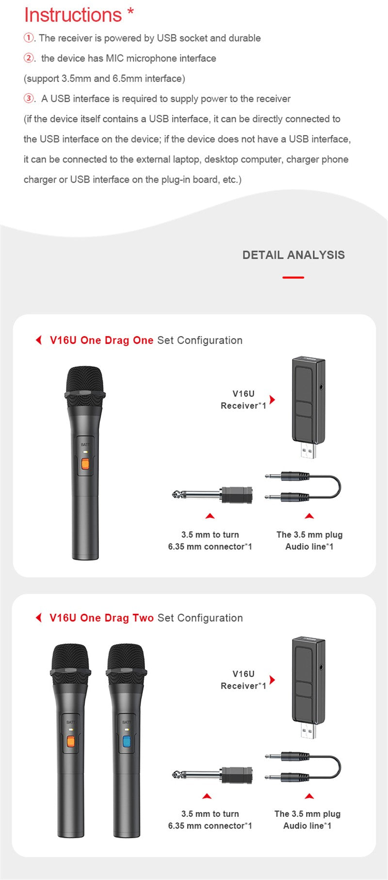 1 Par de Kits de Sistema de Microfone Sem Fio VHF Receptor USB Microfone de Karaokê de Mão para Festas em Casa, Smart TV, Caixa de Som, Canto