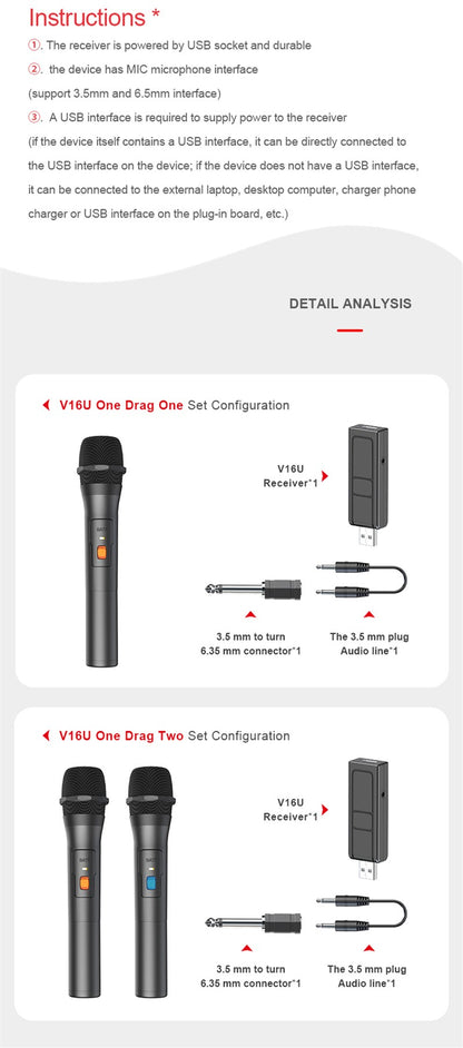 1 Par de Kits de Sistema de Microfone Sem Fio VHF Receptor USB Microfone de Karaokê de Mão para Festas em Casa, Smart TV, Caixa de Som, Canto