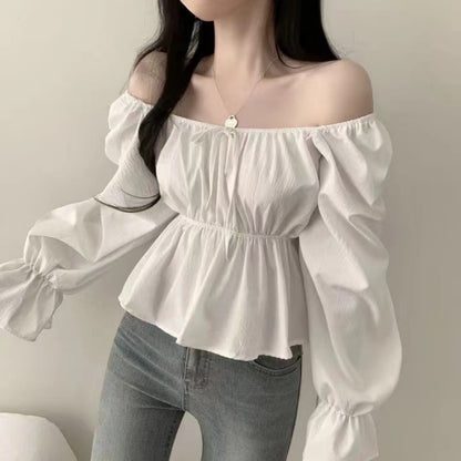 2025 Fashion New Ruffle White Long sleeved Women's Blouses Square Neck Sexy Short Shirt Korean Style Flare Sleeve Sweet Tops
